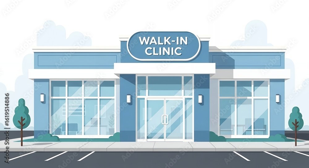 Pixel Art Walk In Clinic Facade with Blue and White Palette Large Windows and Clear Signage Under Cloudy Sky Minimalist Style in a Healthcare Setting with Urban Street View